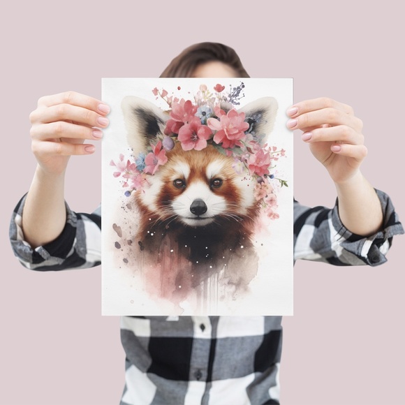 Cute Floral Red Panda Watercolor Wall Art Illustration Print Poster Unframed - Picture 4 of 7